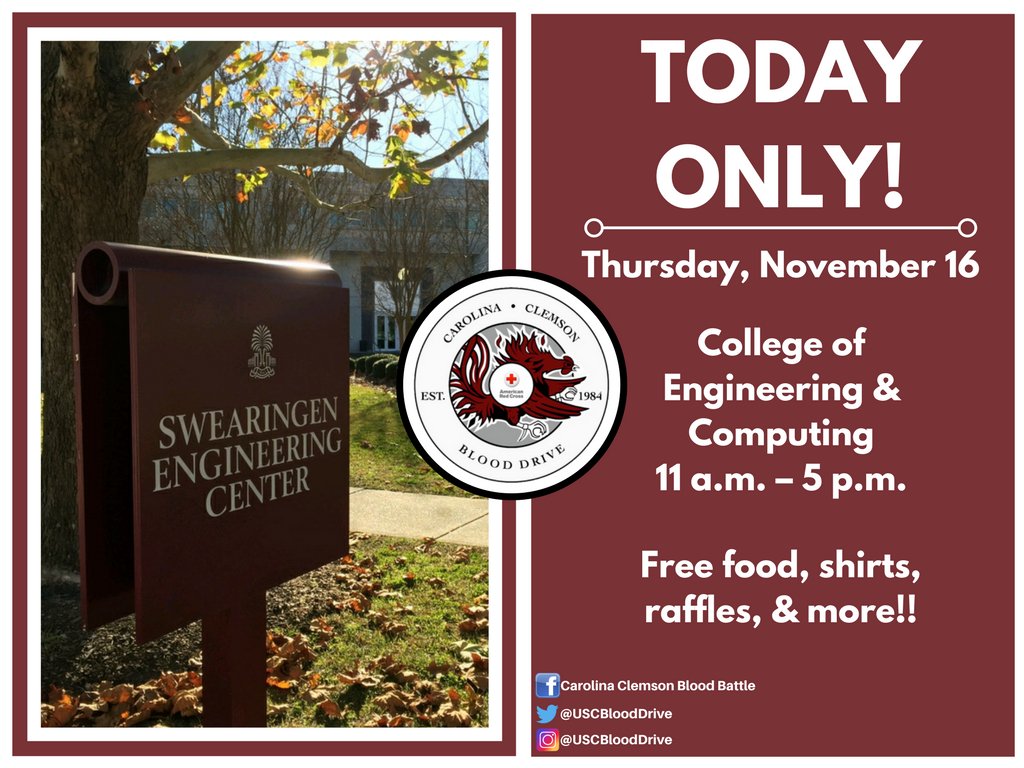 USCBloodDrive's tweet photo. Hey engineers (and anyone at Swearingen!) Come by today until 5., there's a bloodmobile to donate! Help us show Clemson who the real dedicated engineers are!! #beatclemson #bleedgarnetandblack
#GamecocksGive https://t.co/5yhPpK99eQ
