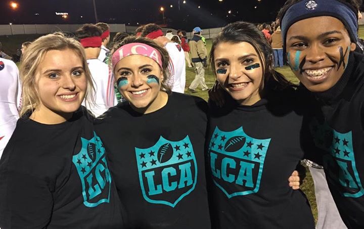 lcacheerleading's tweet image. Just a few pictures of some of our cheerleaders playing their faces off to claim back to back Powder Puff titles for the class of 18