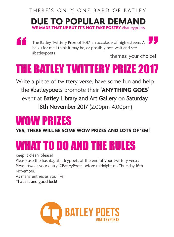 BatleyPoets's tweet photo. Just one more reminder, the Batley Twittery Prize 2017 deadline is midnight tonight #BatleyHour #GetTyping https://t.co/07tHGviW8F