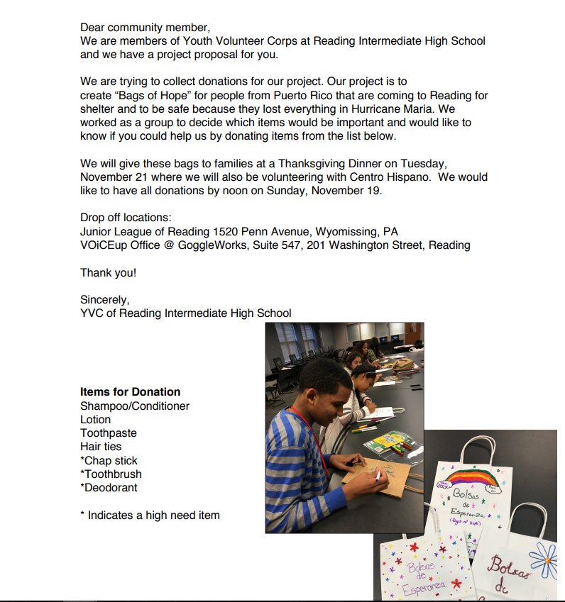 Can you help our YVC students collect urgently needed items for families coming to Reading who were displaced by Hurricane Maria in Puerto Rico?