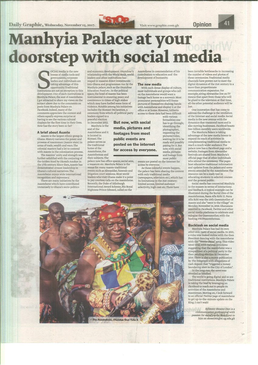 SylvesterKOsei's tweet photo. Manhyia Palace at your doorstep with social media--@SylvesterOsei_ . My latest publication on Asante. Daily Graphic, November 15, 2017, page 41. 

#CitiCBS #MorningStarr #joysms #Starrchat #DaybreakHitz #RYSENSHYNE #DryveOnY #Asantehene #Newsfile https://t.co/0f2L5e4WUN