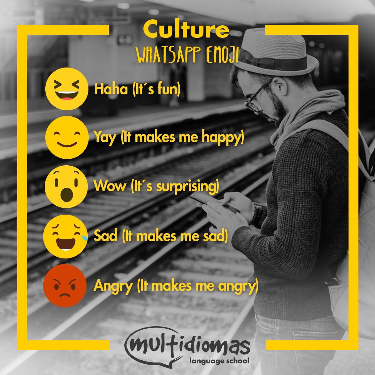 InfoMultidiomas's tweet photo. ¿Sabías que la palabra 'emoji' proviene del japonés?? Ahora todos sabemos lo que significa y los usamos a diario.
How are you feeling today??? angry, bored, tired, scared, excited, upset, proud, lonely, happy......??? 😉😊😍😣😥😲😬🤢😡 #BeYourself #Multidiomas #learningenglish https://t.co/rlXNsG5qgM