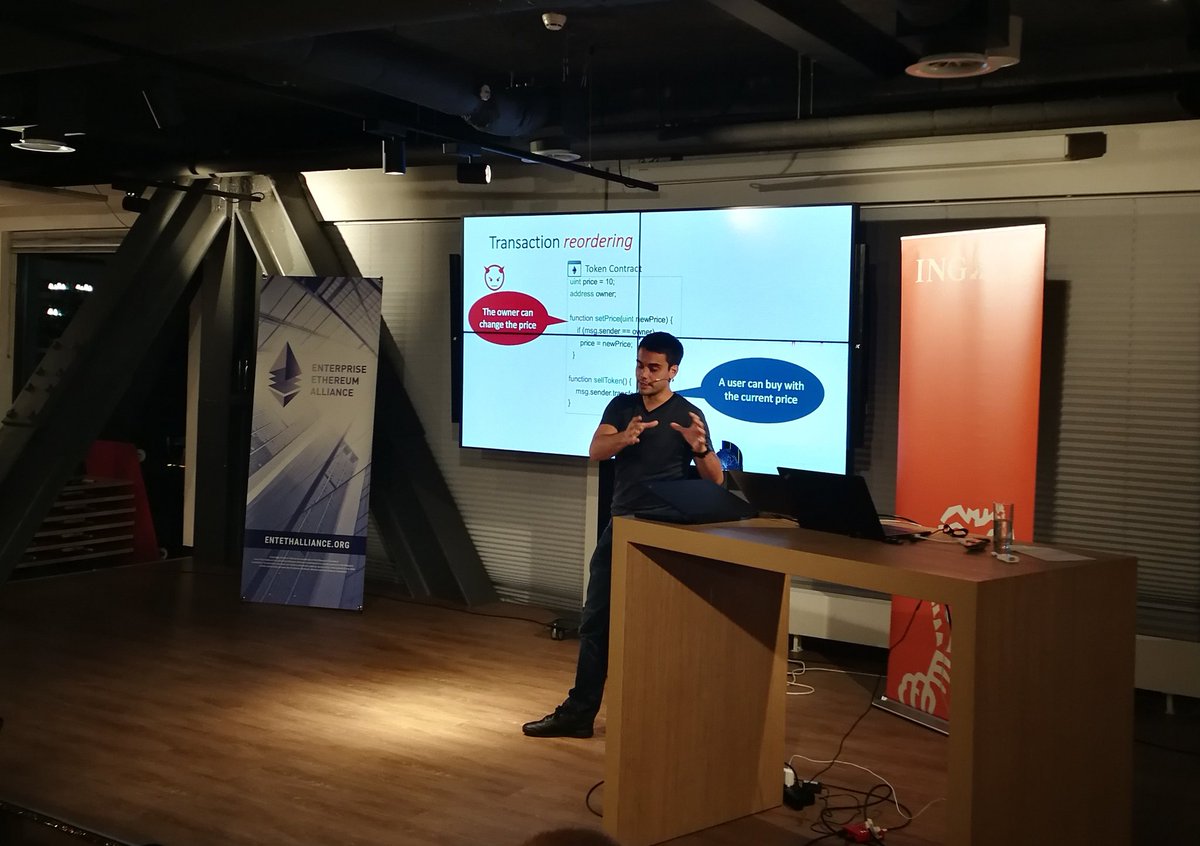 BeritFuss's tweet photo. Quentin Hibon from @SecurifySwiss showing us how to identify potential bugs in smart contracts at #EEAAmsterdam #Ethereum #ING https://t.co/CoWNzR7ncc