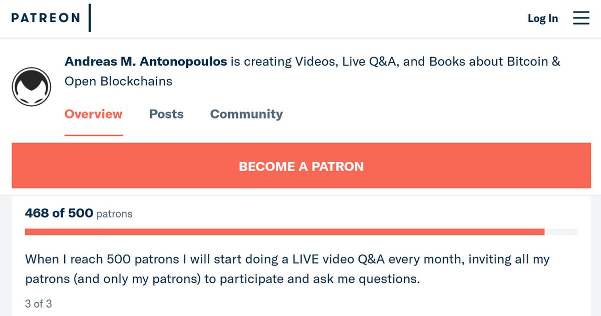 aantonop's tweet image. Almost at my goal of monthly Q&amp;amp;As with patrons :-)
#bitcoin patreon.com/aantonop