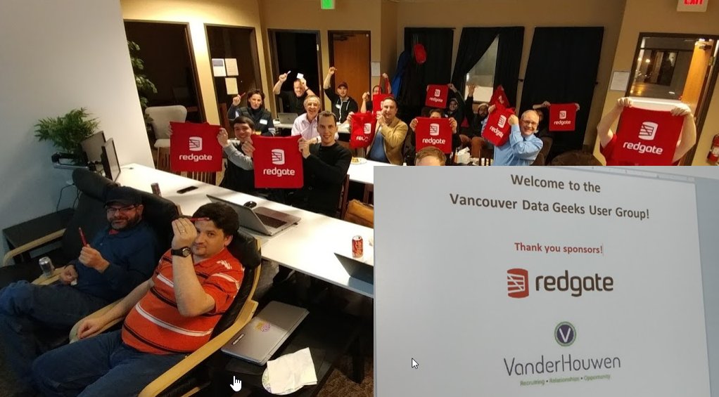 simplegetsdone's tweet photo. Thank you @redgate and @VanderTweet for sponsoring the Data User Group in Vancouver Washington the last few months.  We all appreciate you! https://t.co/ci3hzOtB9F https://t.co/p6nGCzBjtm