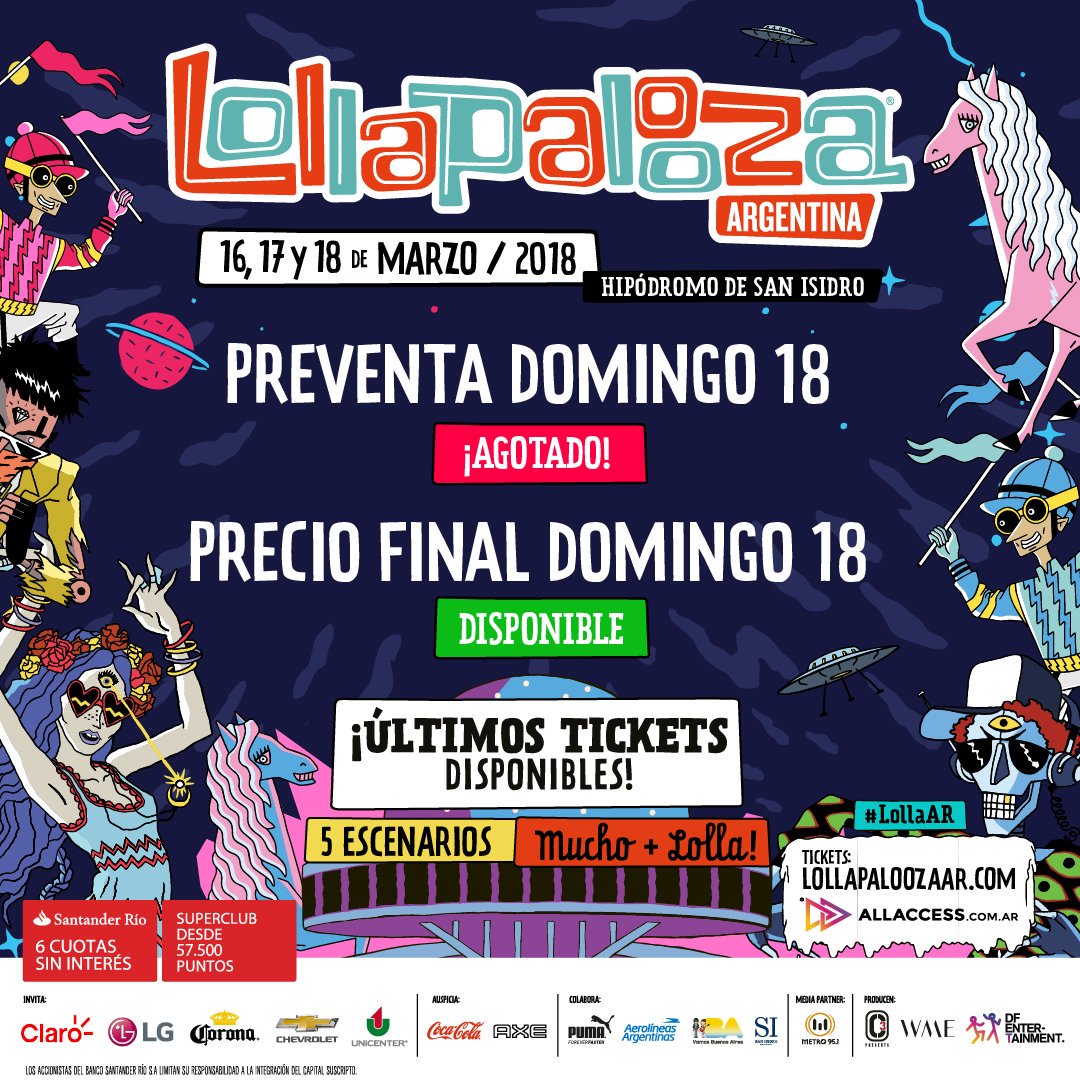 RecitArg's tweet photo. #LollaAR ¡Preventa Domingo 18 agotada!
▪ Viernes 16: Ticket por día Precio Final. 
▪ Sábado 17: ¡Últimos tickets en Preventa
▪ Domingo 18: Ticket por día Precio Final. 
▪ ¡Últimos abonos generales de 3 días! 
Conseguí tus tickets en https://t.co/nrMmVW8Xsb 🎟 https://t.co/pZvBWMJh1S