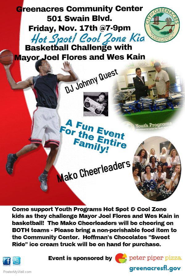 CityGreenacres's tweet photo. Tomorrow night at the Community Ctr @7pm will be epic!  Basketball with Mayor Flores, @WesKainMafia AND @vanillaice !!  Bring a canned good for admission and cheer on the Hot Spot &amp; Cool Zone Kids! @MAKOCheerTeam @PeterPiperPizza @HoffmansChoc  @deshonallen  #DJ Johhny Quest https://t.co/oHzF8P93Dq