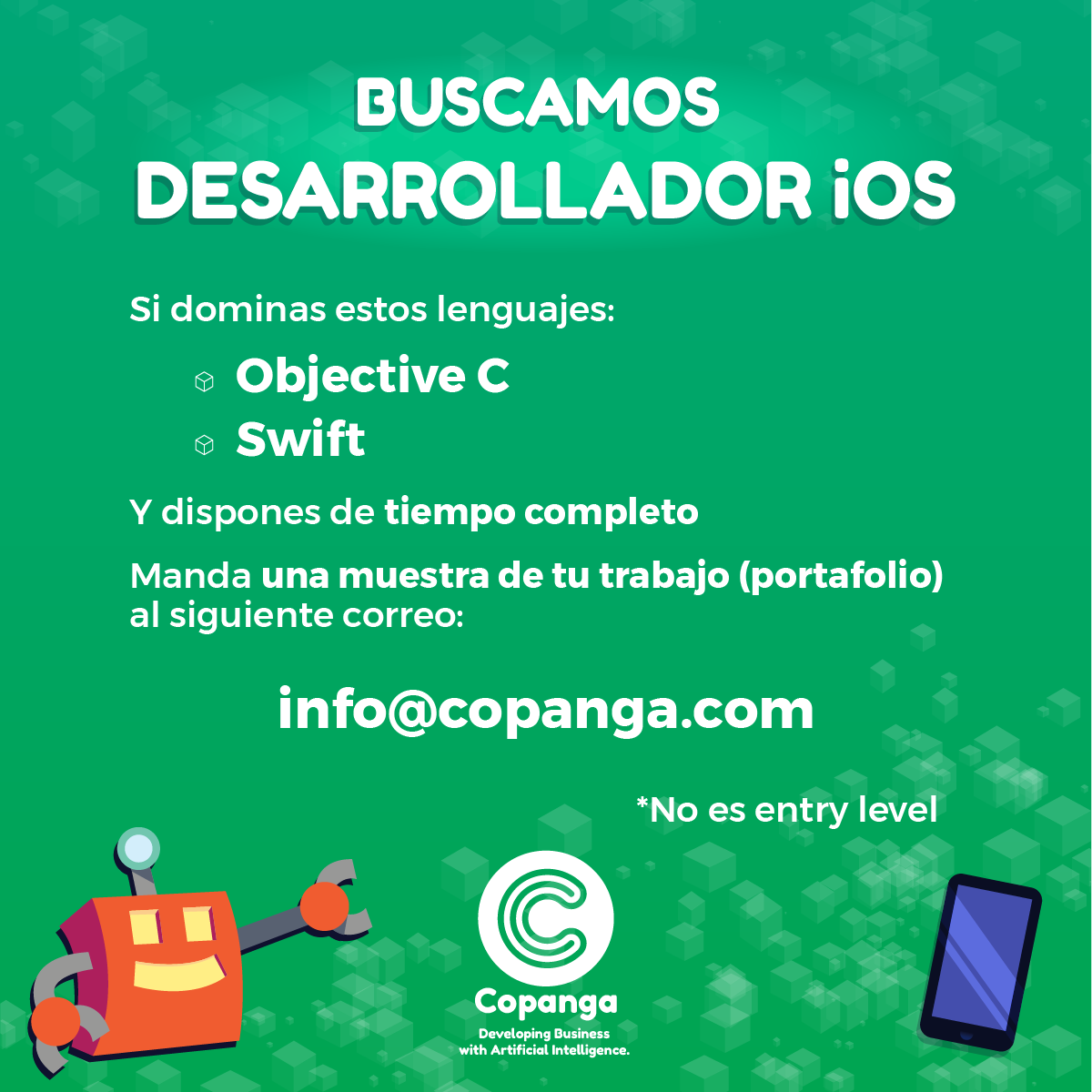 BUSCAMOS DESARROLLADORES(AS) APP IOS  👩‍💻👨‍💻 

Mandan tu CV y proyectos a info@copanga.com con el título YO SOY COPANGA 

#RT #TiempoCompleto #EmpleoMty #ObjetiveC #Swift