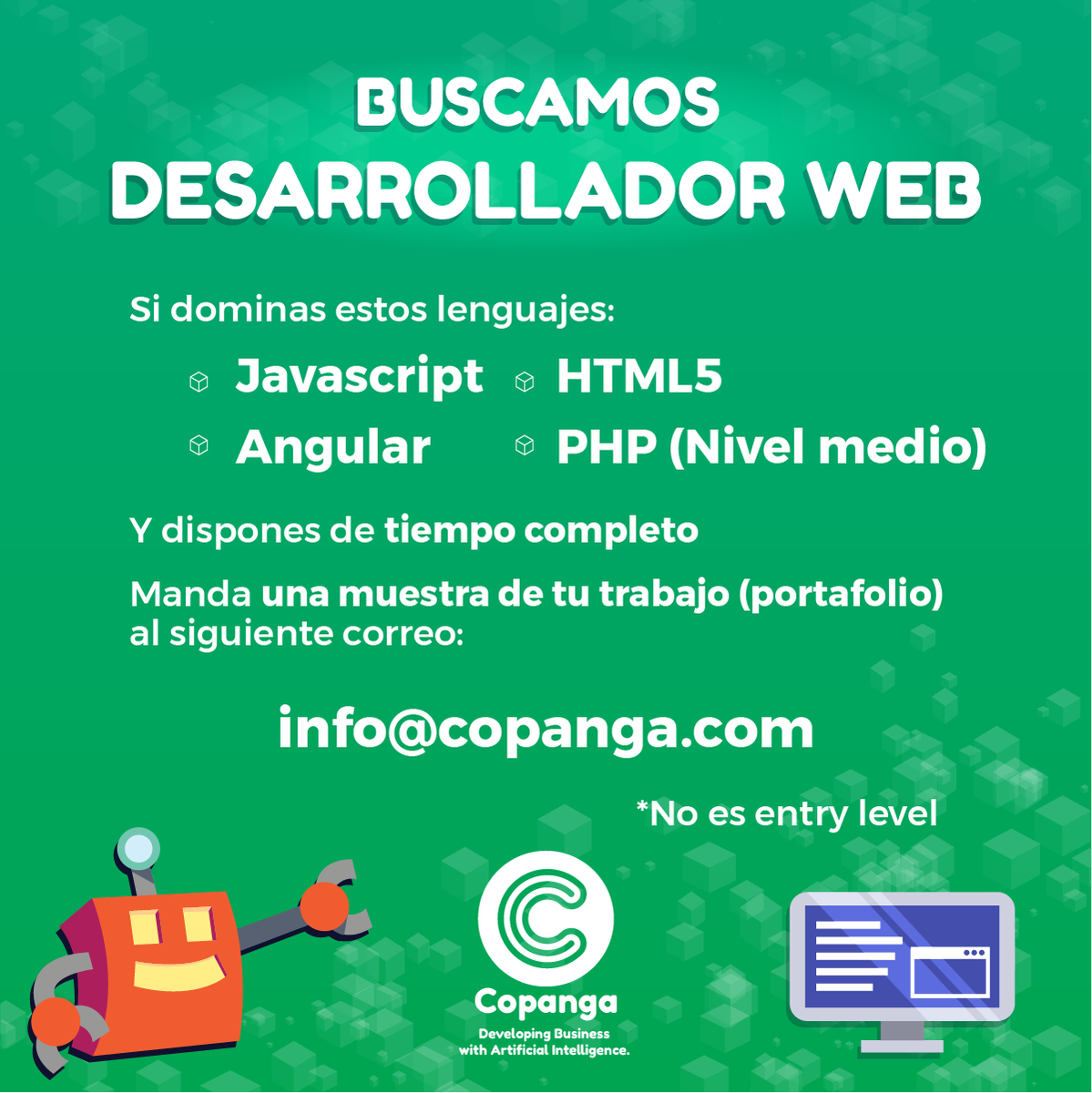 BUSCAMOS DESARROLLADORES(AS) WEB 👩‍💻👨‍💻  

Mandan tu CV y proyectos a info@copanga.com con el título YO SOY COPANGA 

RT #TiempoCompleto #EmpleoMty #Javascript #Angular #HTML5