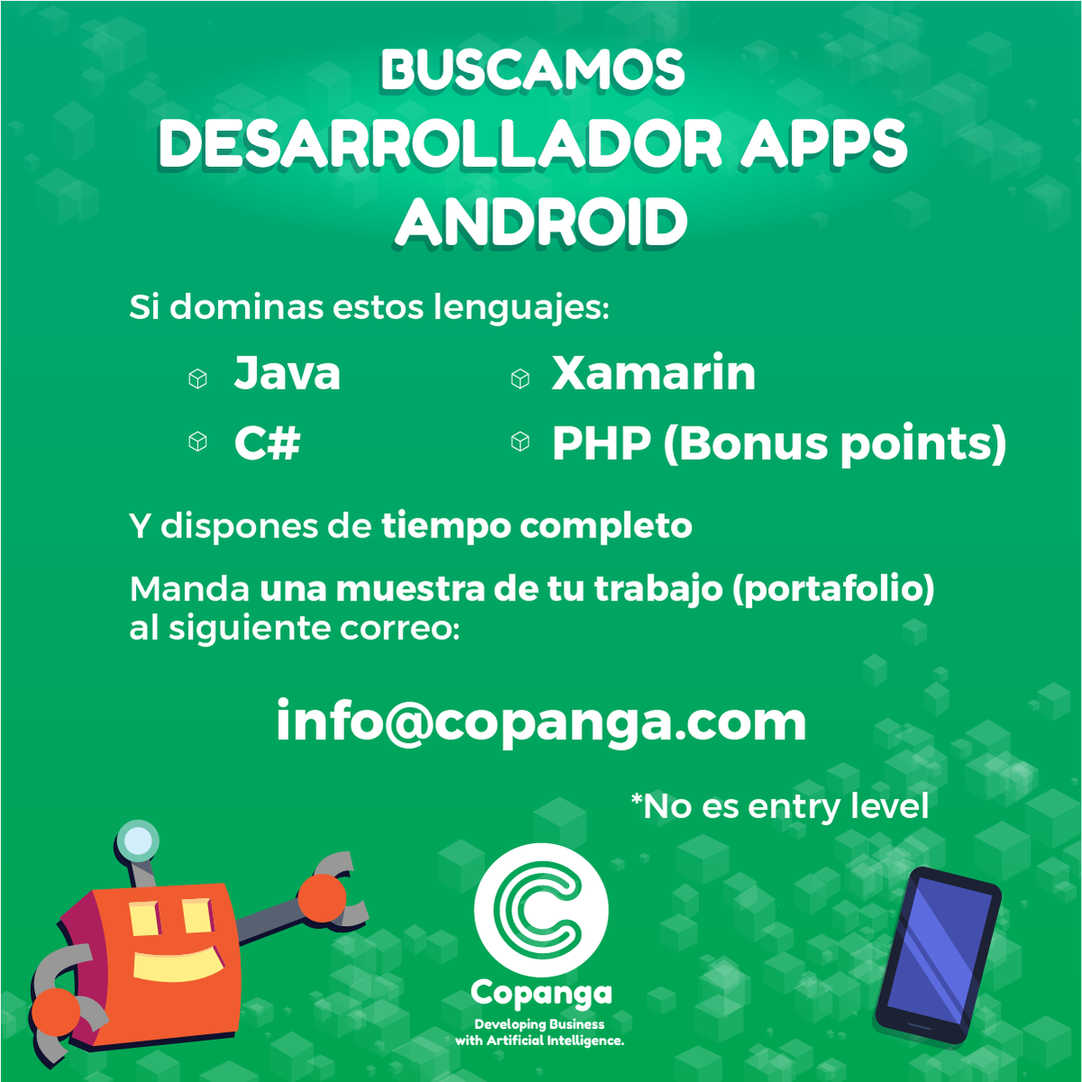 BUSCAMOS DESARROLLADORES(AS) APP ANDROID 👩‍💻👨‍💻 

Mandan tu CV y proyectos a info@copanga.com con el título YO SOY COPANGA 

#RT #TiempoCompleto #EmpleoMty #Java #Csharp #Xamarin #incmty2017