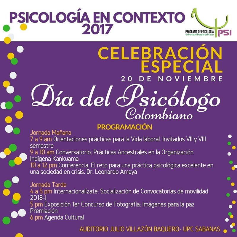 PsicologiaUPC's tweet photo. #PsicologíaUPCtedice Celebremos juntos el día del psicólogo, agéndate y participa en todas las actividades. @UniPopularCesar @ORIUPC https://t.co/bZU9Ae6pQO