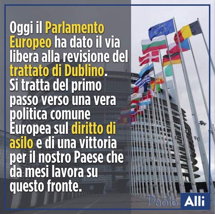paoloalli's tweet photo. La revisione del trattato di #Dublino è una buona notizia che rende ragione del lavoro fatto dall’Italia a livello europeo https://t.co/AVNtxI4USk