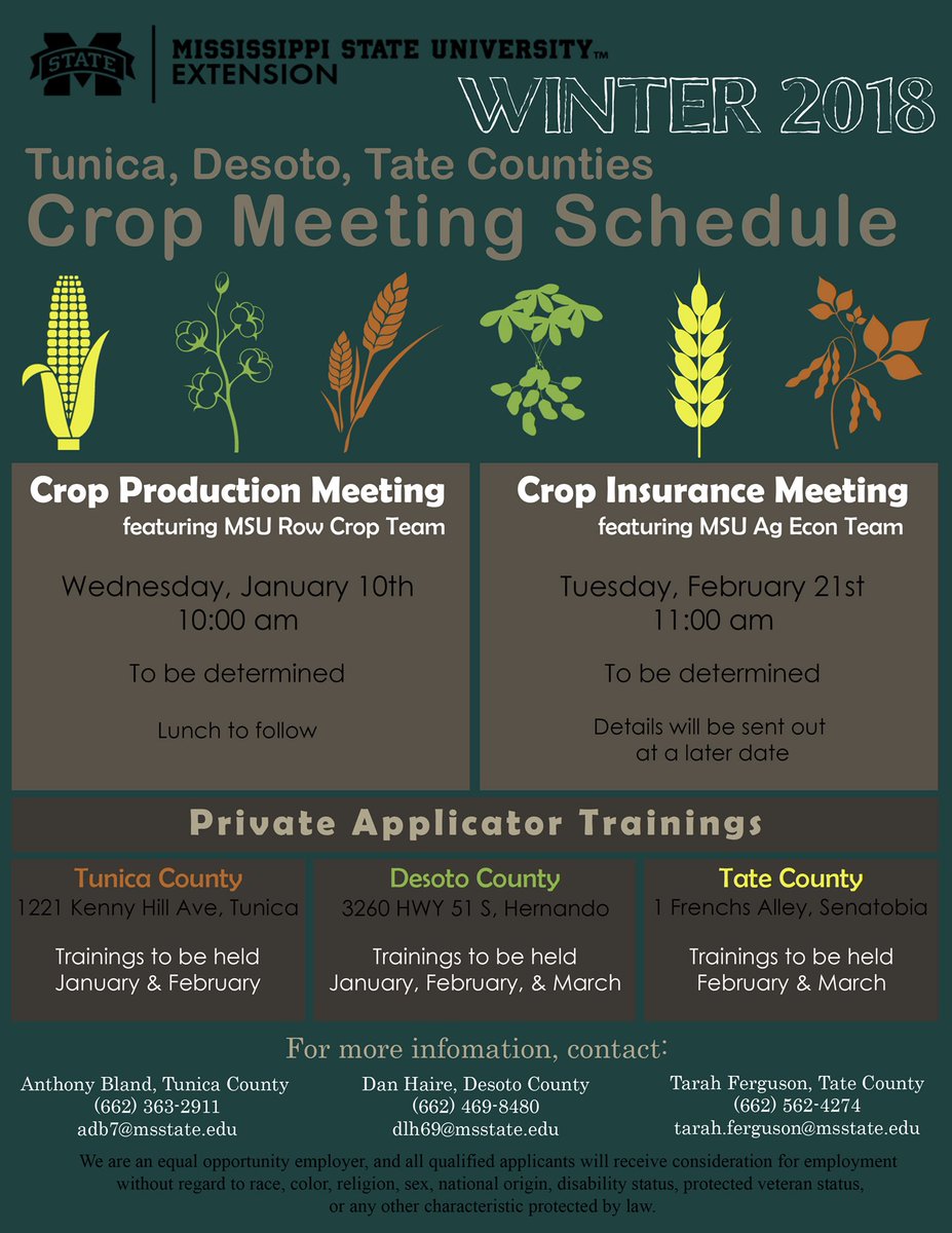TateCountyExt's tweet image. Our Winter 2018 #MSCrops Meeting Schedule is coming together! Be on the lookout for more details! #MSUext