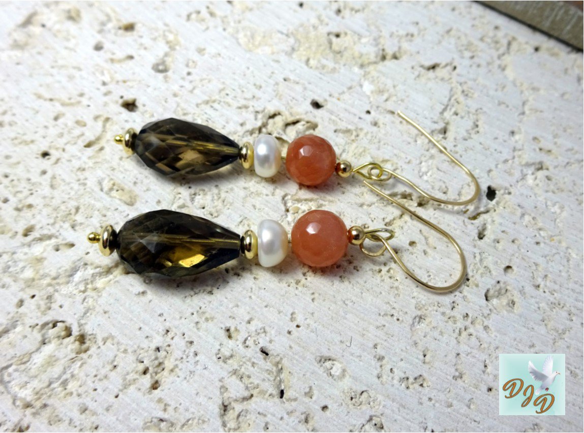 New! Handmade Gold Faceted Smoky Quartz Dangle Earrings with Pearls &amp; Moonstone. etsy.me/2i9RGxr  #Jetteam