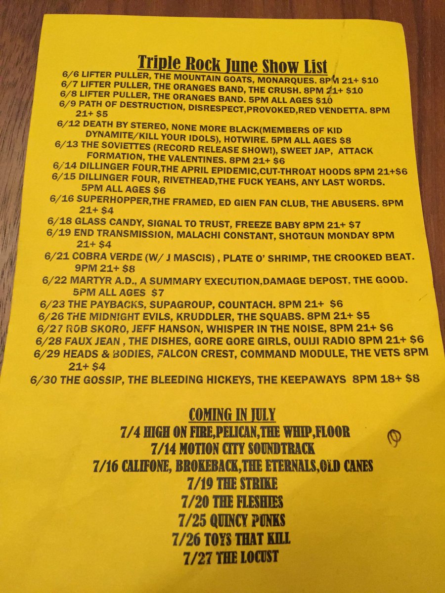Once upon a time at The Triple Rock: The first show list!