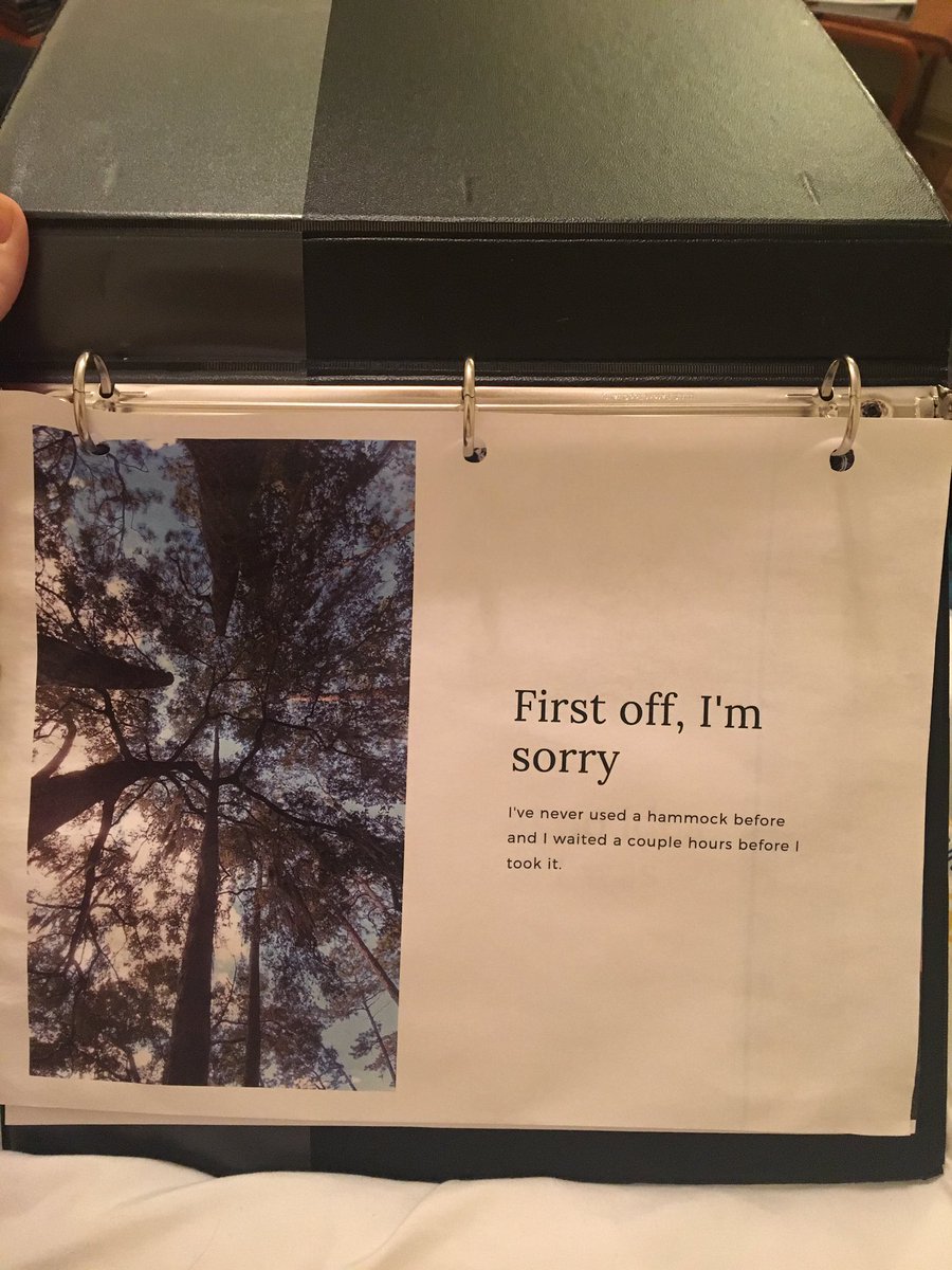 kthaxton_'s tweet photo. so last week, my ENO got stollen. today, I see this on someone's sc story, go grab the hammock, and OPEN THE BINDER TO FIND THIS. W H A T https://t.co/TCmKcwZDxk
