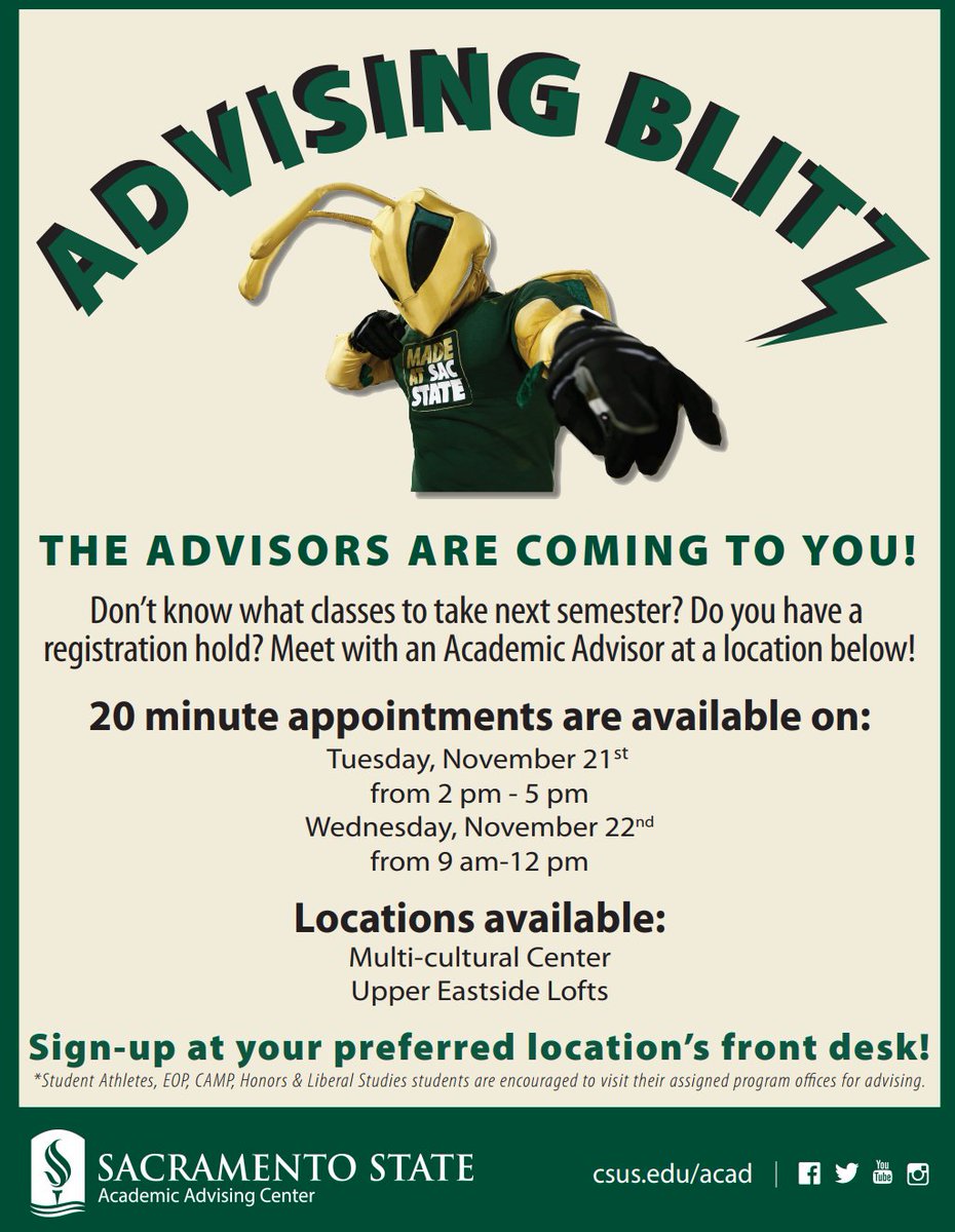 Need academic advising? Stop by the Multi-cultural Center or Upper East Side Lofts to sign up for a 20 minute advising appointment!