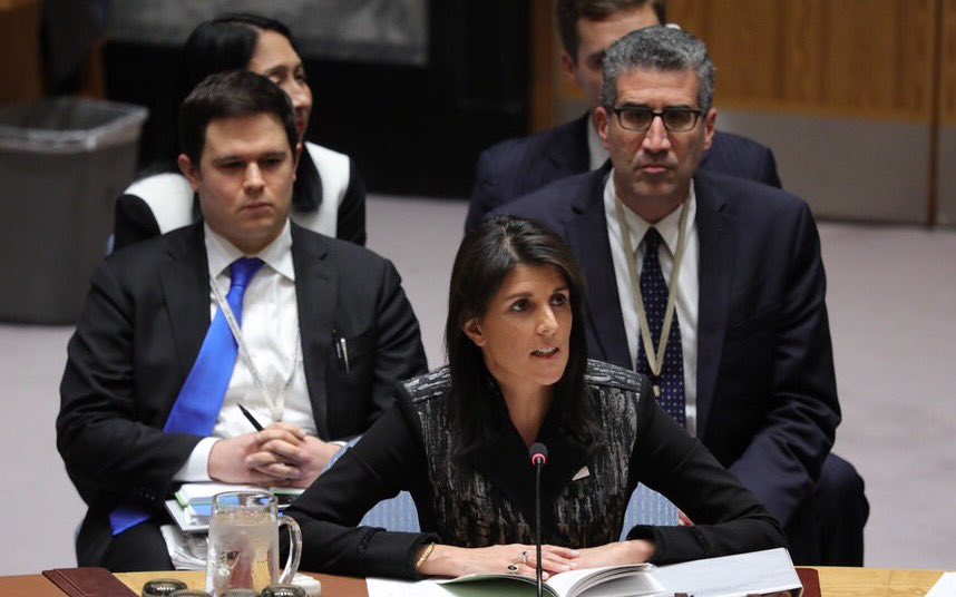 AmbNikkiHaley's tweet photo. "The Assad regime should be on clear notice: the United States does not accept Syria's use of chemical weapons. We will defend the international standard against chemical weapons use. It would be wise for the Assad regime to heed this warning." https://t.co/EtUoonpgtU