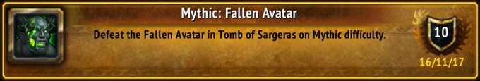 I just earned the [Mythic: Fallen Avatar] Achievement! #Warcraft https://t.co/AciIhNCzVq<a href="/tag/warcraft"class="tags"><span>#warcraft</span></a>