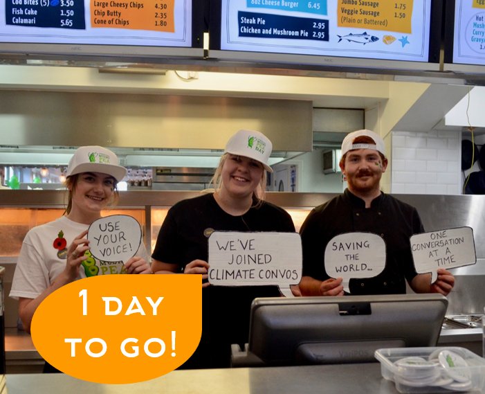 1 day to go until our campaign day!
Check out Facebook to learn the 3 things we learnt from having a #climateconvo with Harbour Lights Fish and Chip shop in Falmouth.
Don't forget to share your #climateconvo with us to be in with a chance to win a free ecoffee cup!