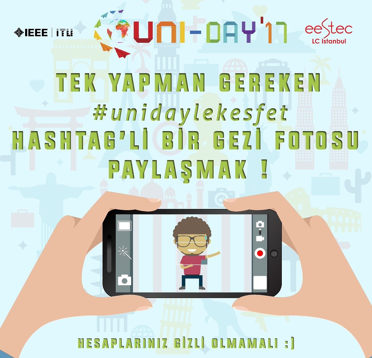 Instagram hesabınızı açık hale getirin, #unidaylekesfet hashtagi ile beraber <a href="/eestecistanbul/">EESTEC LC Istanbul</a> etiketini kullanarak "Keşfetmeye Hazırım" temalı bi fotoğraf paylaşın. Çekilişlere katılma hakkı elde etmek işte bu kadar kolay. :)