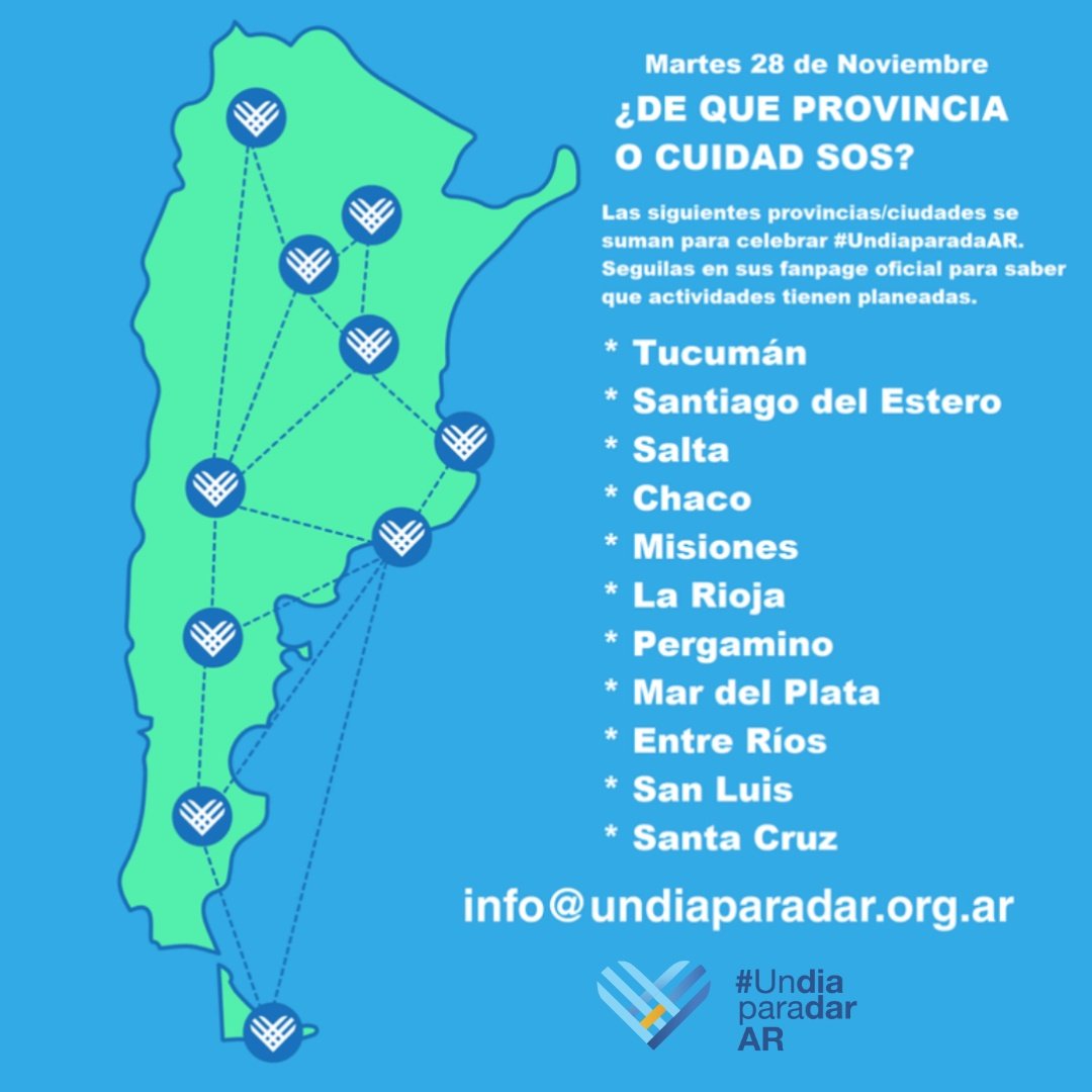 UnDiaParaDarAR's tweet photo. El 28/11 sumate a #UDPD2017 desde tu ciudad/provincia. Elegí una accion solidaria para realizar y compartila en tus redes usando #undiaparadarAR. Si abajo no aparece la tuya escribí info@undiaparadar.org.ar https://t.co/dAlsK1eOdj