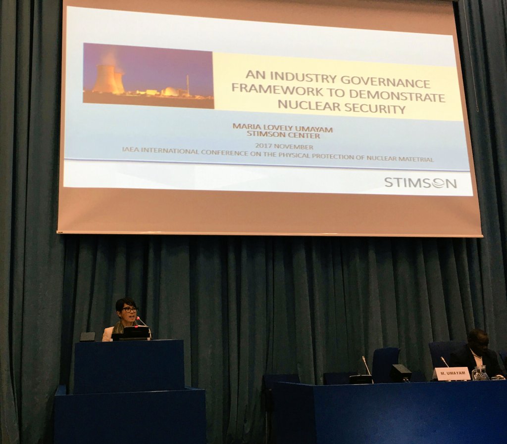 StimsonMAB's tweet photo. Analyst Lovely Umayam presenting Stimson's work on #nuclear #security governance at the @iaeaorg Intl Conference on Physical Protection of Nuclear Material. "Encouraging nuclear industry to show strong governance can help strengthen nuclear security culture in facilities." https://t.co/Yu4hVBoecC