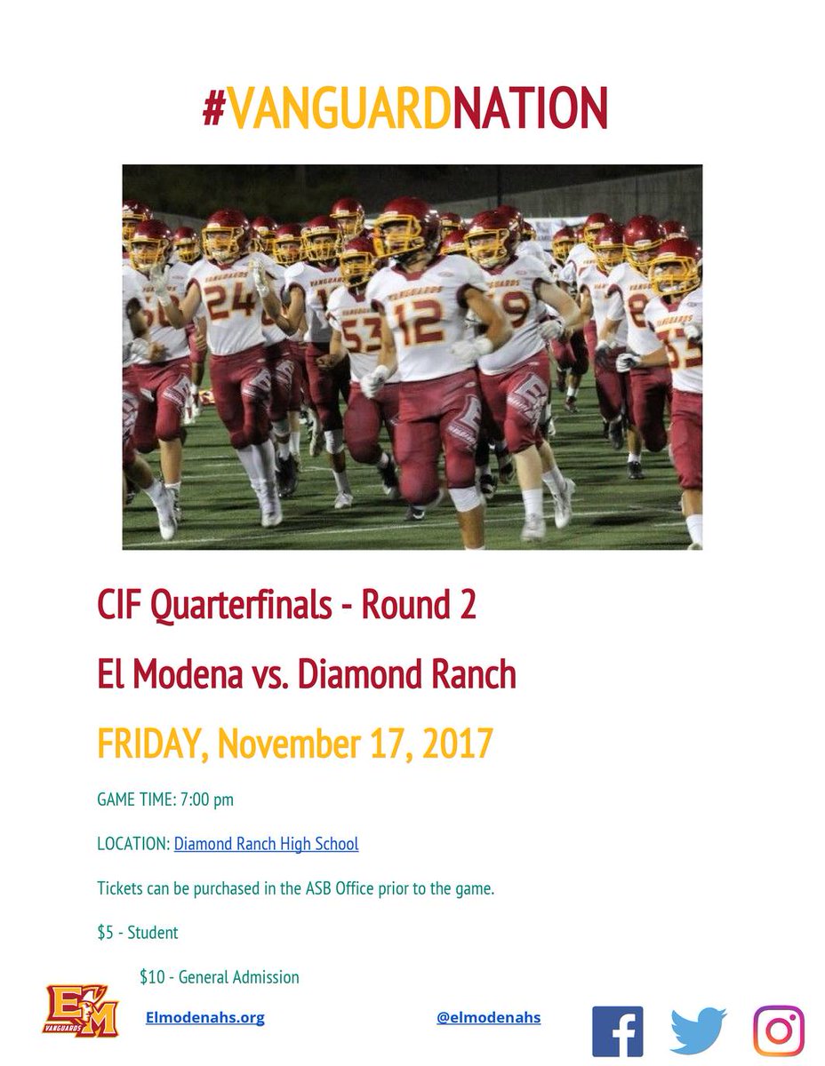 ElModenaHS's tweet photo. Support @elmodenafb tomorrow as they take on @DiamondRanchHS in Round 2 of #CIF2017. Get your presale tickets from Mrs. Erich in the ASB office before 12:00pm! #Vanguardnation https://t.co/ZzEAfgnFSL