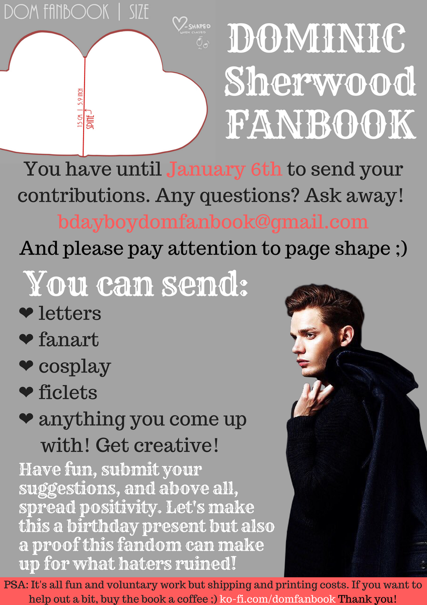 stupidfloof's tweet photo. ⚠️PROJECT ALERT⚠️
I'm making a fanbook for Dom's birthday &amp; to make up for all the unhealthy atmosphere in the fandom this past year. Let's have some fun &amp; spread positivity! Please don't tag Dom, and feel free to email any questions you have.
PAY ATTENTION TO THE PAGE SHAPE! https://t.co/w3QJmnIeNN