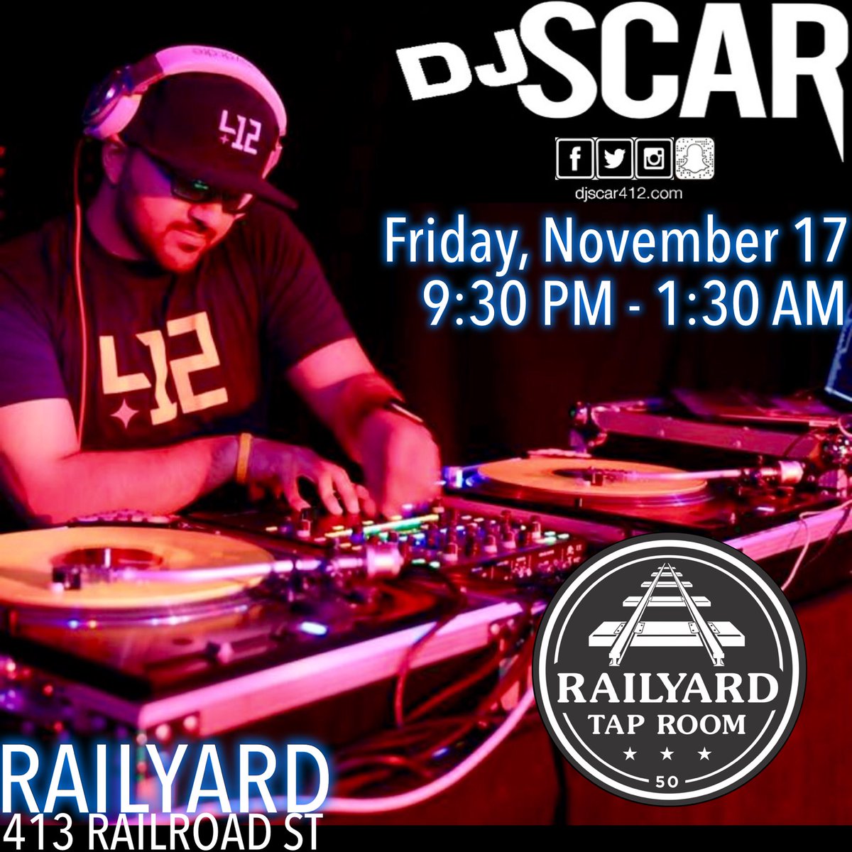 RailyardTap's tweet photo. @djscar412 will be here tomorrow night from 9:30 PM - 1:30 AM! Come down and kick off your weekend with us. #getrailed #craftbeer #50taps #fromscratchkitchen #DJScar #CheersToTheWeekend https://t.co/soEF4jS0Yz