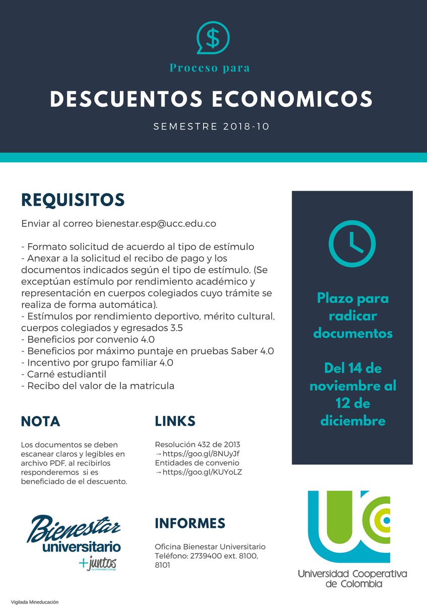 UCCSedeEspinal's tweet photo. Queremos contarte que se encuentra abierto el proceso para obtener descuentos económicos para el semestre 2018-10 Más Info #BienestarUniversitarioUCC
Ver Resolución 432 de 2013 → https://t.co/w82zg7SkH8 
Ver Entidades en convenio → https://t.co/3LkzPg5CVt https://t.co/yRGcVDU3ja