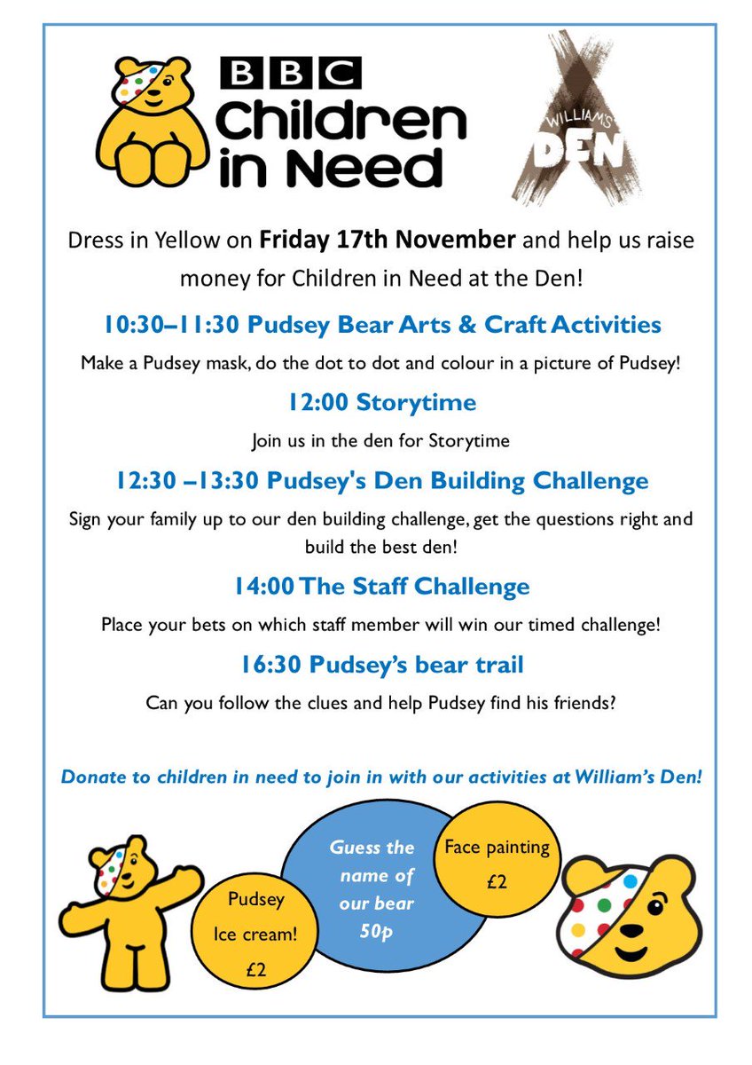 Help us raise money for #childreninneed2017 <a href="/williamsdenplay/">William's Den</a> today! Lots of extra activities #pudsey #outdoor play