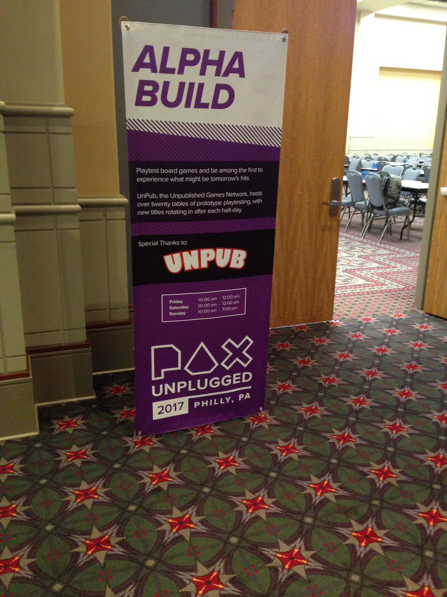 TheUnpub's tweet photo. Getting set-up in Alpha Build, Room 201a. Gonna be a great #Protozone #PAXUnplugged https://t.co/ccl39znQ4P