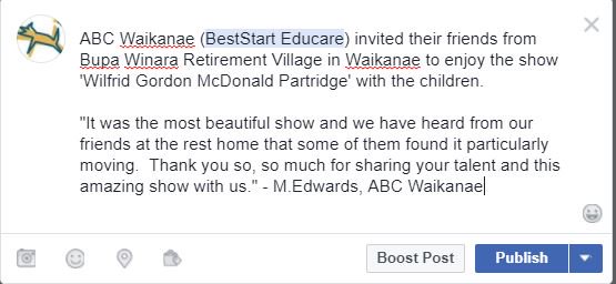 "It was the most beautiful show and we have heard from our friends at the rest home that some of them found it particularly moving. Thank you so, so much for sharing your talent and this amazing show with us." - M.Edwards, ABC Waikanae ❤️💓💕💖💗