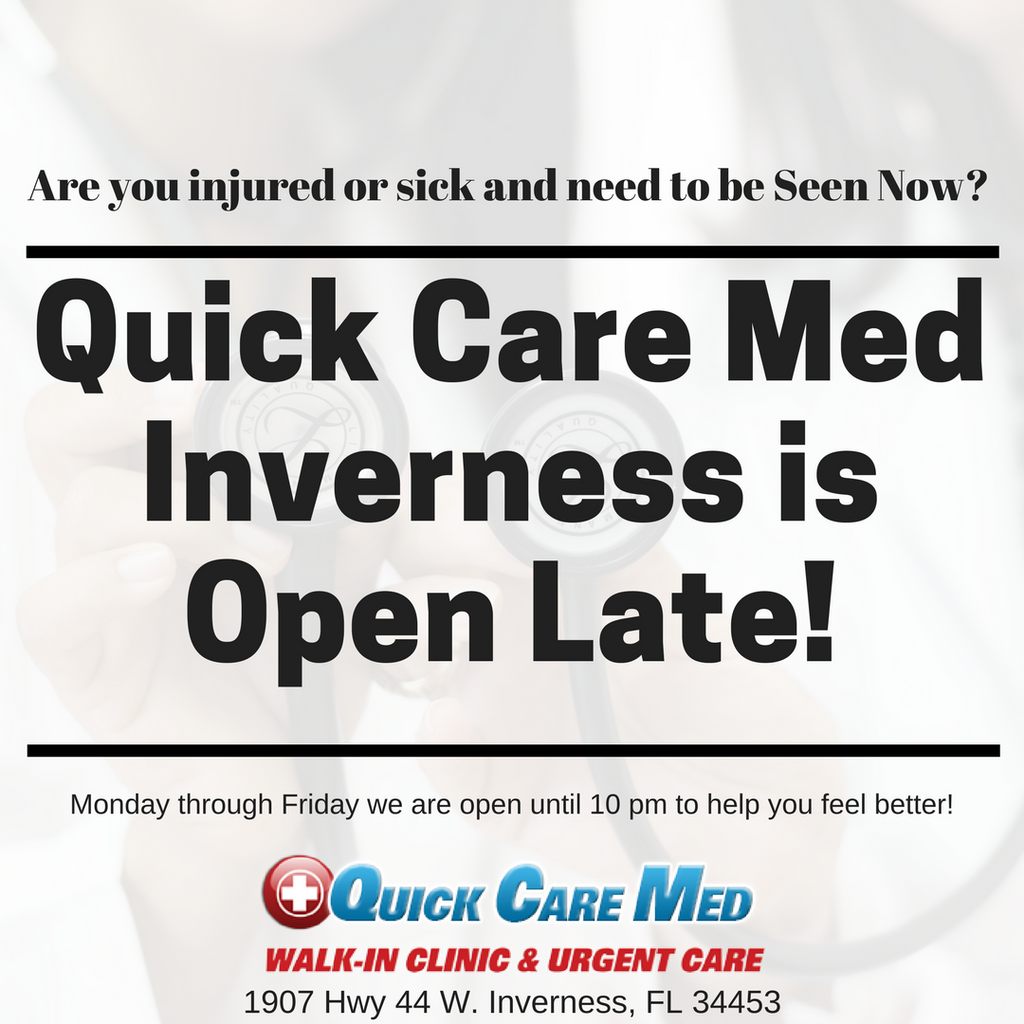 QuickCareMed_FL's tweet photo. Quick Care Med Inverness is open late during the week! Preregister at our website for faster care #SickNow #SeenNow #urgentcare #florida https://t.co/6UHCbwoUNw