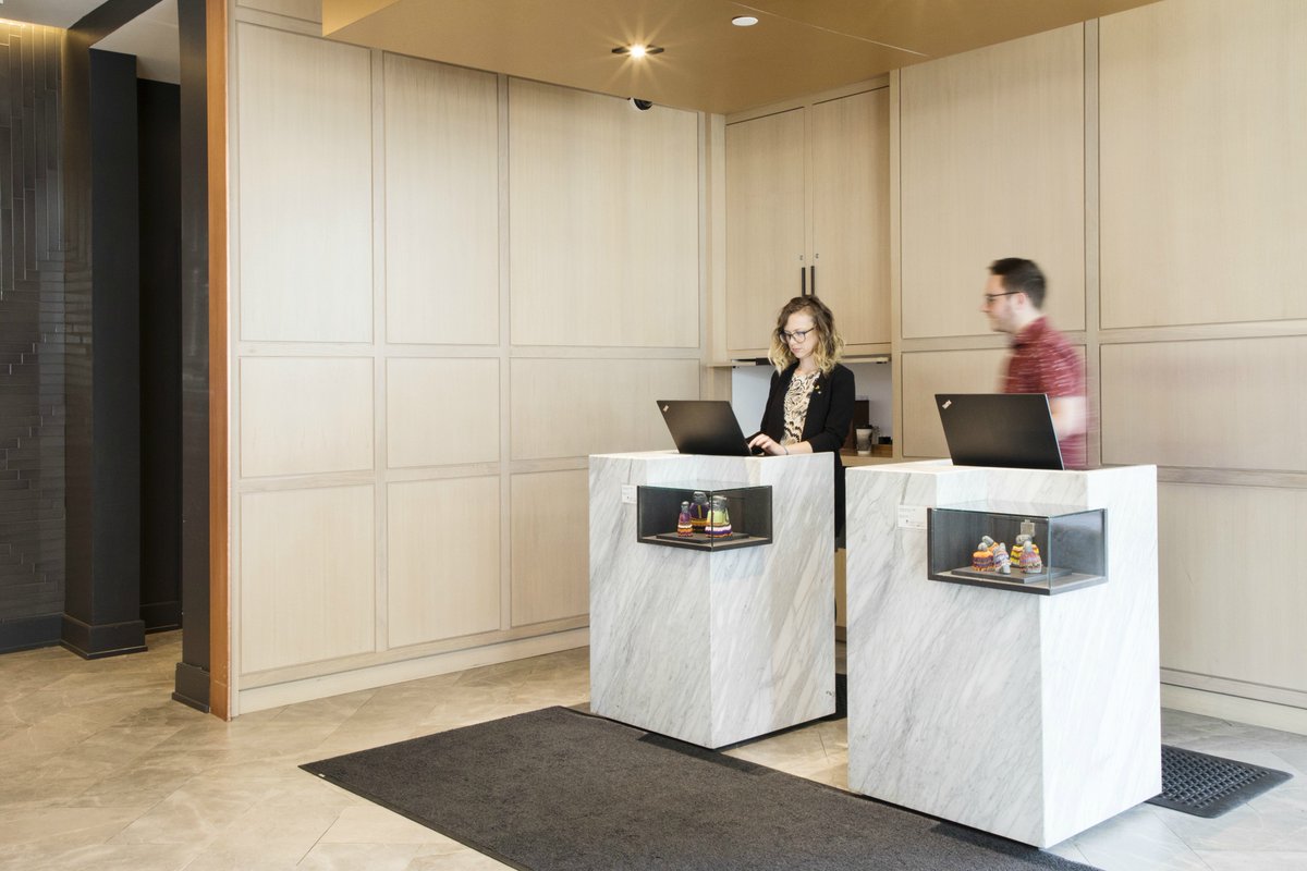 vestamarble's tweet photo. We're proud to have contributed to the elegance of the @AndazOttawa! 
Starting in the lobby, you can see our ground floor showpieces; the check-in stands made of Carrara #marble, the wall wrapped in #MAXFINE Statuario &amp; the stairs clad in #limestone. #hirelocal #Ottawaproud https://t.co/AjFXEew5Cf