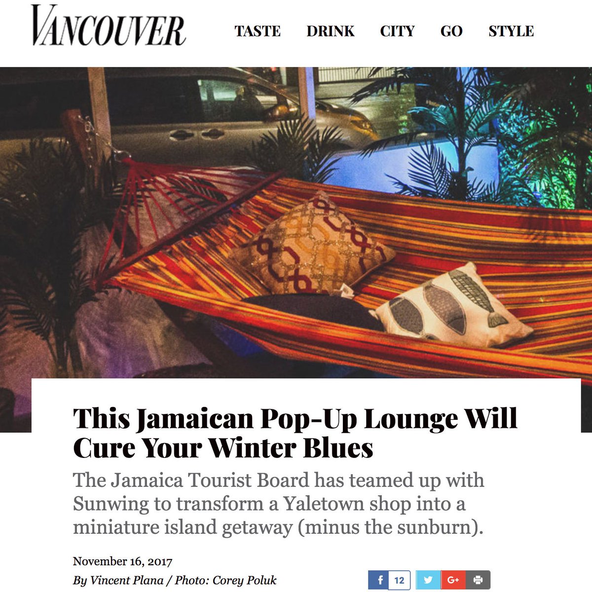 Thanks to <a href="/vanmag_com/">Vancouver Magazine</a> for the nice words about the <a href="/SunwingVacay/">Sunwing Vacations</a> + <a href="/VisitJamaicaNow/">Visit Jamaica</a> pop up we're producing this weekend. Read all about it: ow.ly/xpKa30gD37a #FeelTheVibeJamaica
