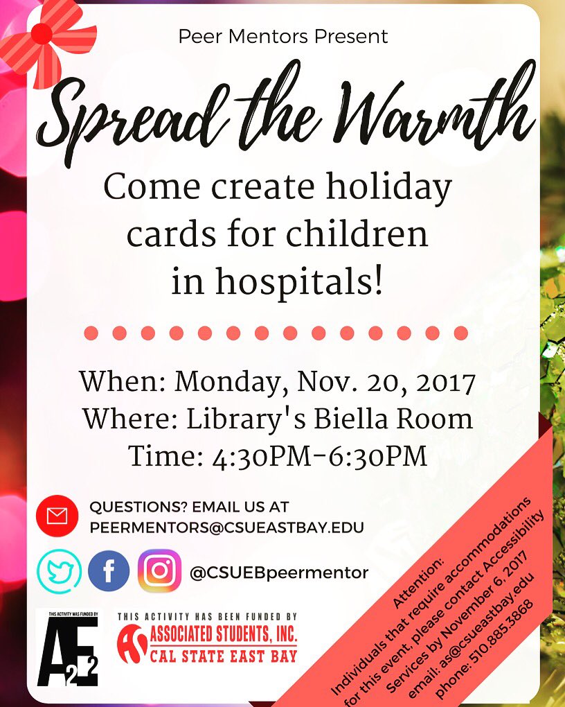 CSUEB Peer Mentors (@csuebpeermentor) on Twitter photo Feeling the holiday spirit yet? Spread the warmth and 
Join us next week Monday, November 20  to create greeting cards! Feeling the holiday spirit yet? Spread the warmth and 
Join us next week Monday, November 20  to create greeting cards!