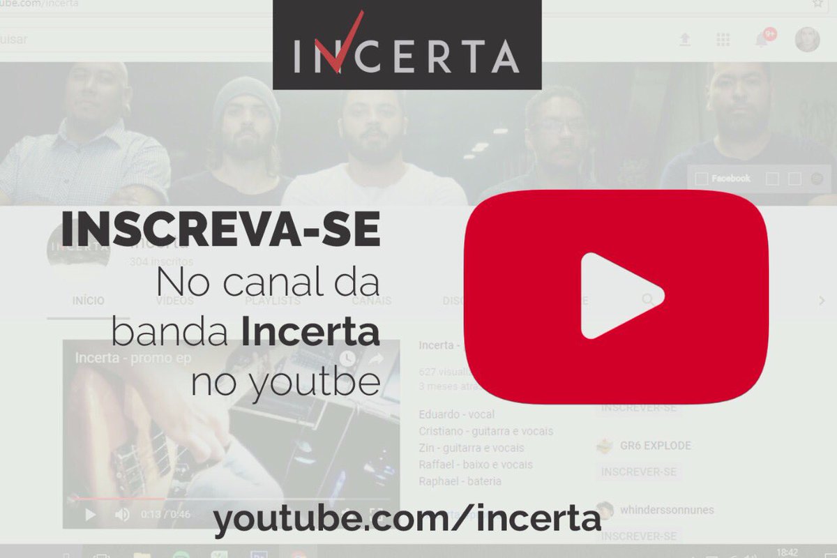 bandaincerta's tweet photo. Galera, tudo bem?
Já deram uma passada no nosso canal do Youtube? Lá estão todos os nossos sons. Não deixem de ouvir para cantar com a gente no próximo show! 🤘🏻
#Incerta #Rock #Youtube
Link: https://t.co/yQ6dypjzeG https://t.co/oZEJNZvJ2N