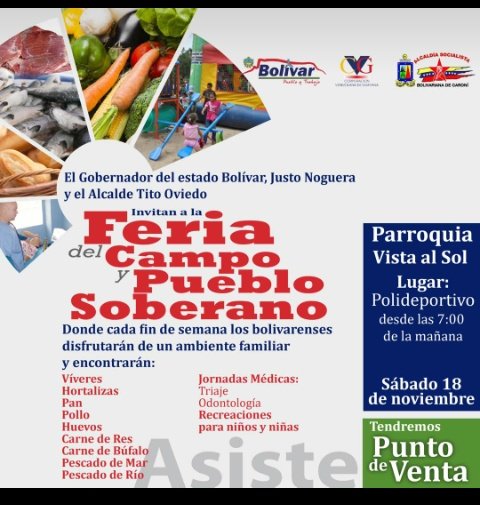 AgroinsumoBolCA's tweet photo. El Gob.@JustoNogueraP te invita este Sábado 18Nov a partir de las 07am a la FeriaDelCampoYPuebloSoberano en el Polideportivo de VistaAlSol https://t.co/QoNoePzZch