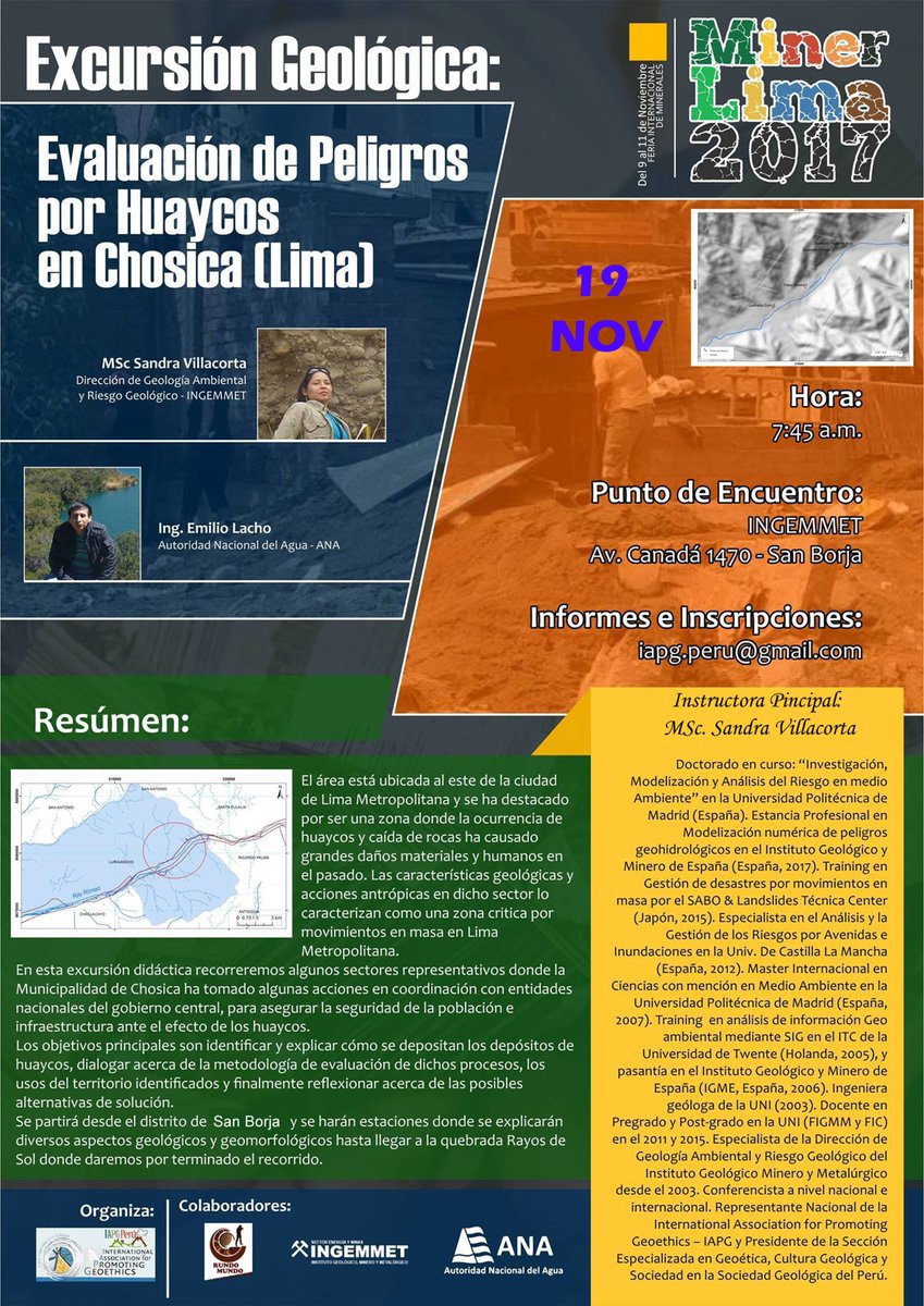 IAPG_Peru's tweet photo. Este Dom 19 NOV- Excursión "Evaluación de Peligro por Huaycos en Chosica", Dirige: MSc. Sandra Villacorta-@Ingemmet /Emilio Lacho-ANA. Organiza:@IAPG_Peru. Punto de encuentro: INGEMMET Av. Canada #1470 - San Borja (7:45 am). INFORMES: iapg.minerlima@gmail.com; telef: 996395230 https://t.co/006gszW8c6