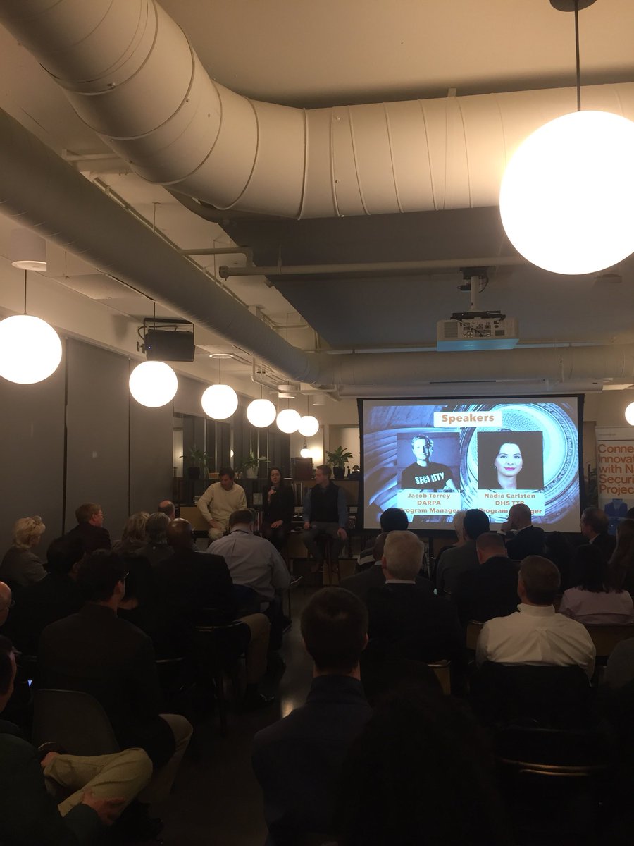 Kicking off our National Security Cybersecurity Forum here at <a href="/WeWork/">WeWork</a> with <a href="/DARPA/">DARPA</a> and <a href="/DHSgov/">Homeland Security</a>. Great crowd tonight. Thank you <a href="/FairfaxEDA/">Fairfax County EDA</a>.