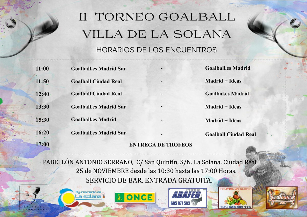 goalball_real's tweet photo. Ya está aquí el II Torneo de Goalball Villa de La Solana, el sábado 25  de noviembre de 10:30 a 17:00 en el pabellón Antonio Serrano. Entrada  gratuita. #Goalballes https://t.co/bRARVcQolP
