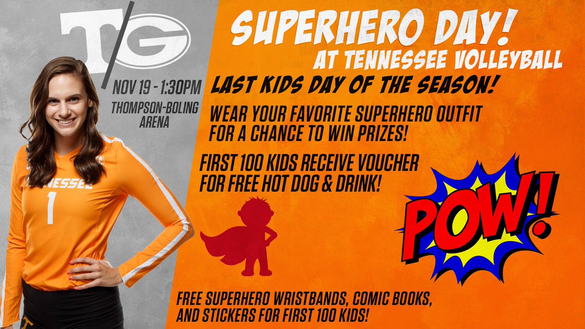 Vol_FanHQ's tweet image. Here’s your weekend plans: Superhero Day at volleyball this Sunday! It’s the last Kids Day of the season so be sure to come out and support your Lady Vols &amp;amp; wear your favorite superhero outfit for a chance to win some Tennessee prizes!