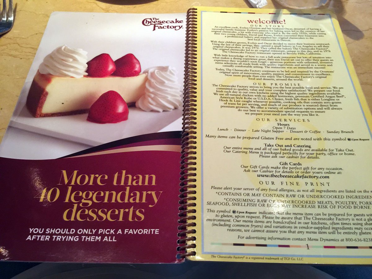 The unchecked frenetic design doesn't stop there. Look at the goddamn menu. Or should I say FOUR MENUS - menu, "skinnylicious", drinks, cheesecakes (not desserts, that's different!)It is the most intentionally obtuse culinary document I've ever seen. It wants to DISORIENT YOU