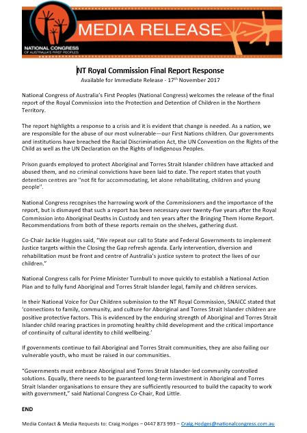 congressmob's tweet image. National Congress - NT Royal Commission - Press Release 17th Nov 2017. Available for Immediate Release. Media Contact: 0447843993 For PDF requests contact: Craig.Hodges@nationalcongress.com.au