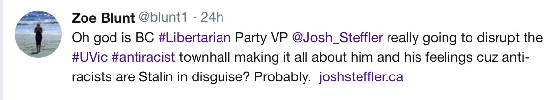 Sad and pathetic marxist, unable to comprehend that Libertarians are anti-racist and are real adults able to attend events with political opponents and not disrupt.. She is projecting what SHE would do if she was not so scared <a href="/Blunt1/">Zoe Blunt</a>