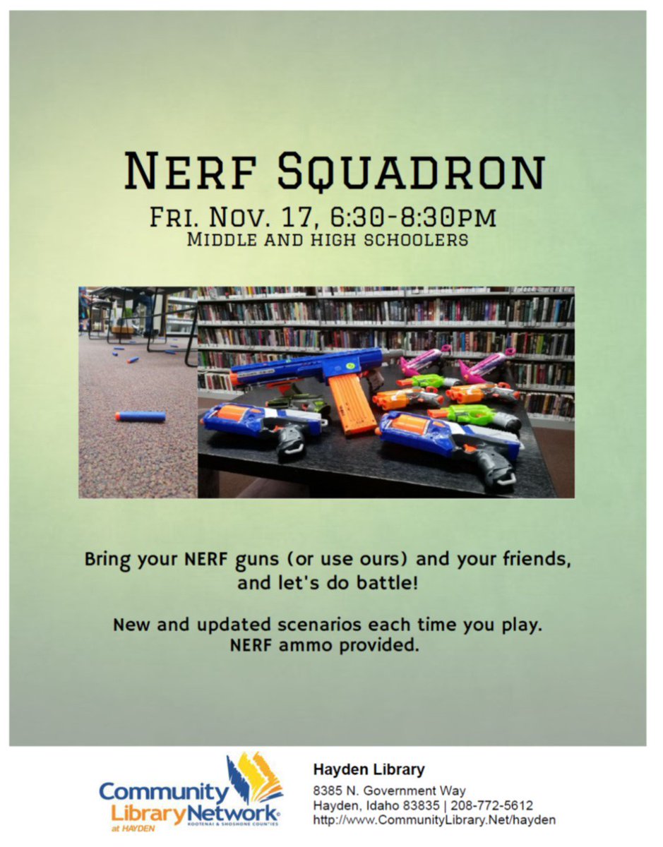 EmerginTechNick's tweet photo. NERF Squadron. Tomorrow Night. Nov. 17, 6:30-8:30pm. Middle and High Schoolers. https://t.co/FrBZ3GxMZM