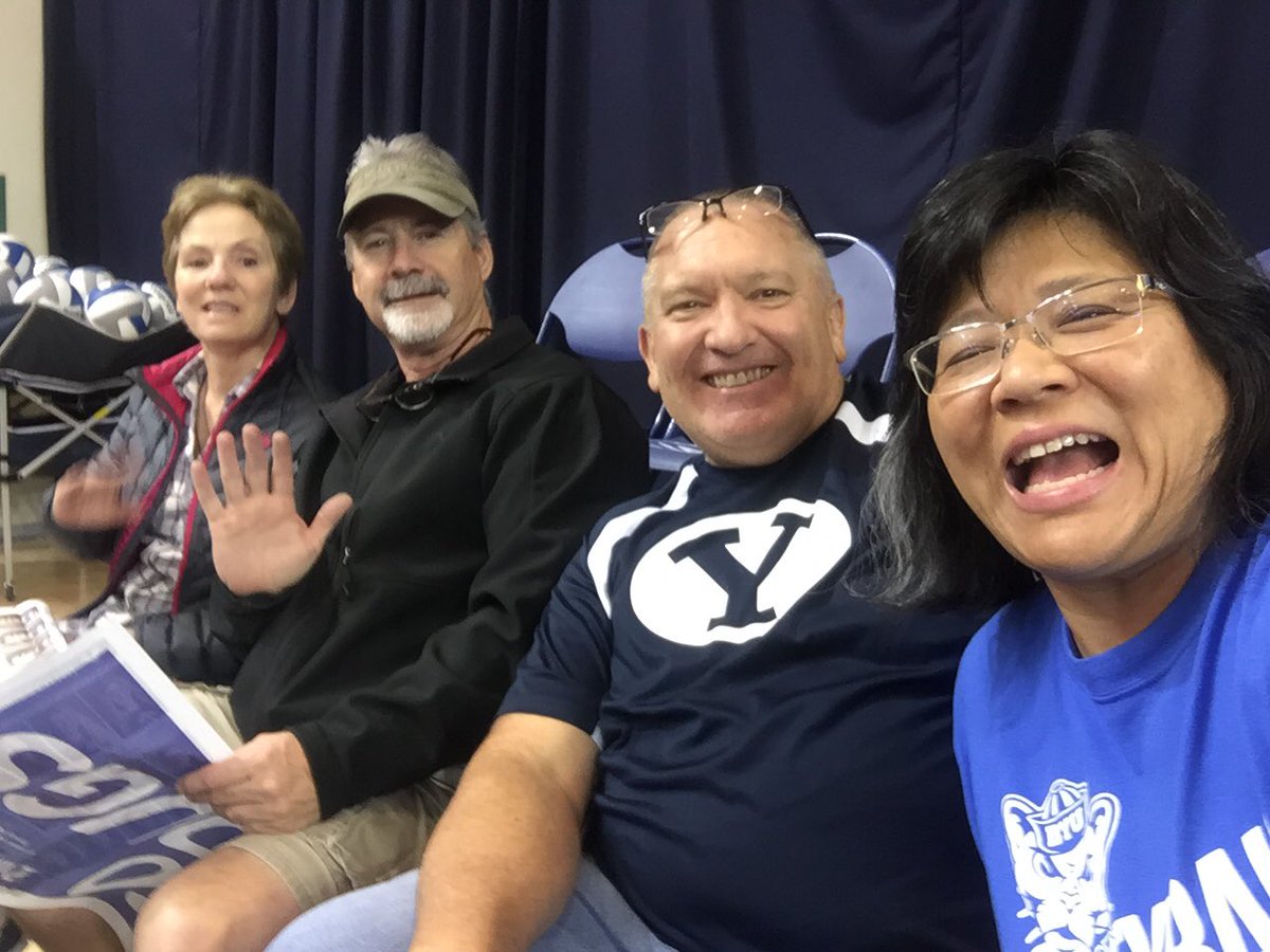 YuuBates's tweet photo. Here we go Cougars!!  Love watching #BYUWVB with great friends!! ❤️❤️ North end front row https://t.co/a0fluyAtjP