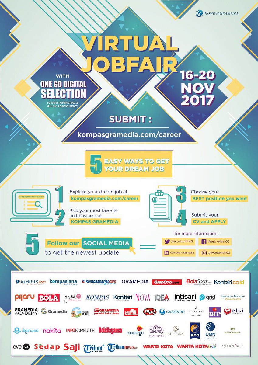 With ONE GO DIGITAL SELECTION! Join us in our KOMPAS GRAMEDIA VIRTUAL JOB FAIR 16-20 November 2017
Go click tribunnetwork.workwithkg.com &amp; be our team
Yuk #KerjadiTribun